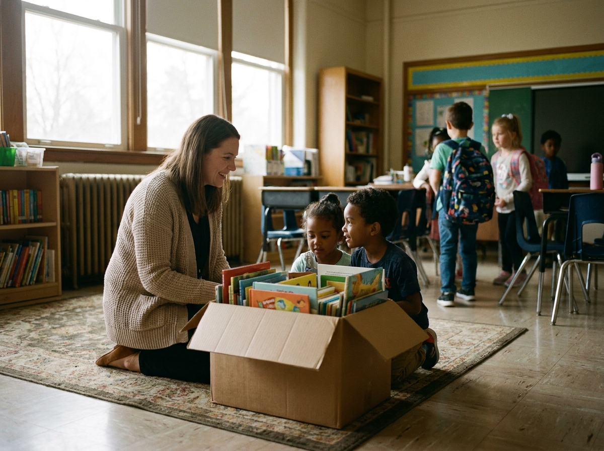 A teacher kneels with two young children beside a cardboard box overflowing with donated picture books.