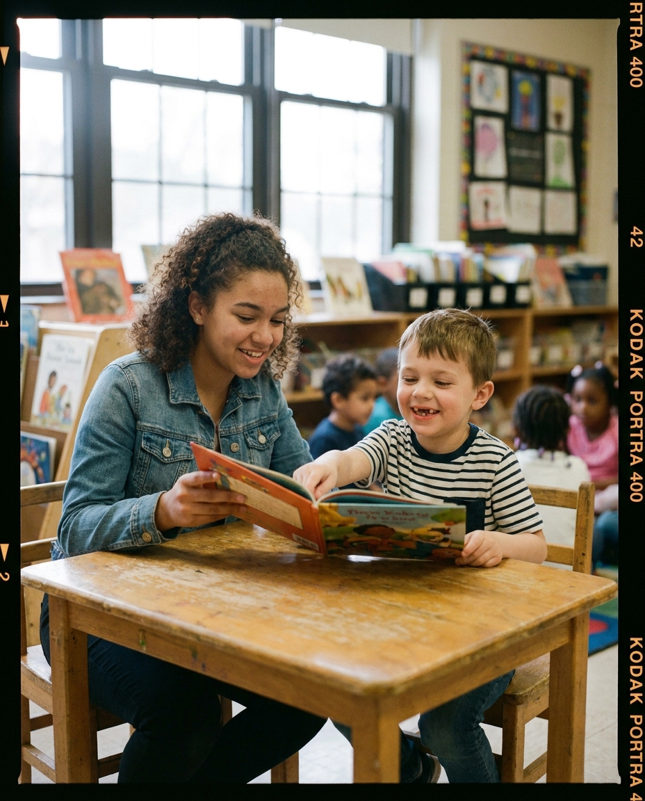 A teenage reading-buddy mentor and a smiling young girl share a storybook at a classroom table.