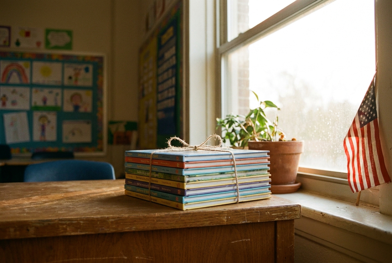 A neat stack of brand-new children’s books tied with twine on a sunny desk.