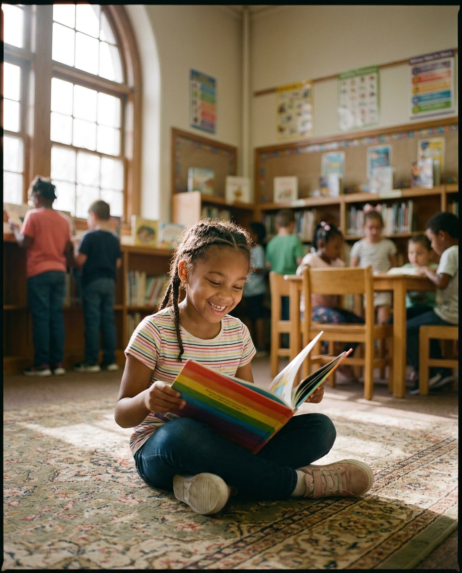 A young girl sits cross-legged on a library rug, beaming as she reads a colorful picture book.