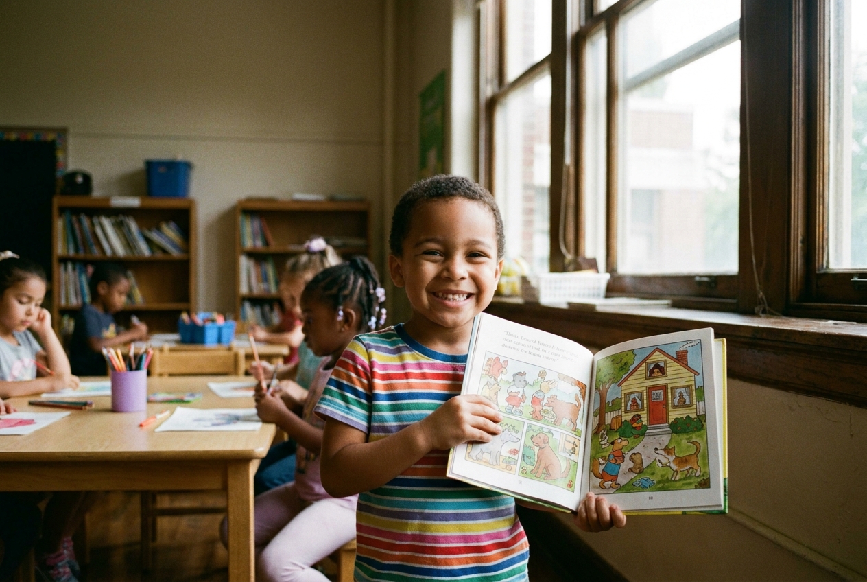 A young child proudly holds up an open picture book and beams at the camera.