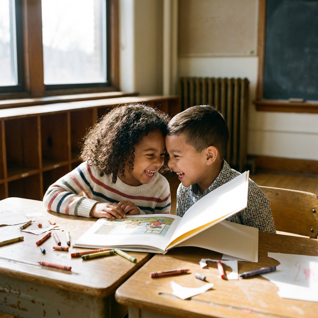 Two elementary students laugh together as they read a picture book.