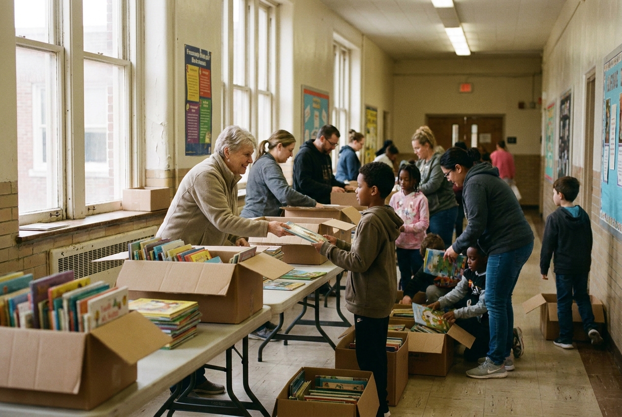 Volunteers sorting boxes of donated children’s books during a community book drive.