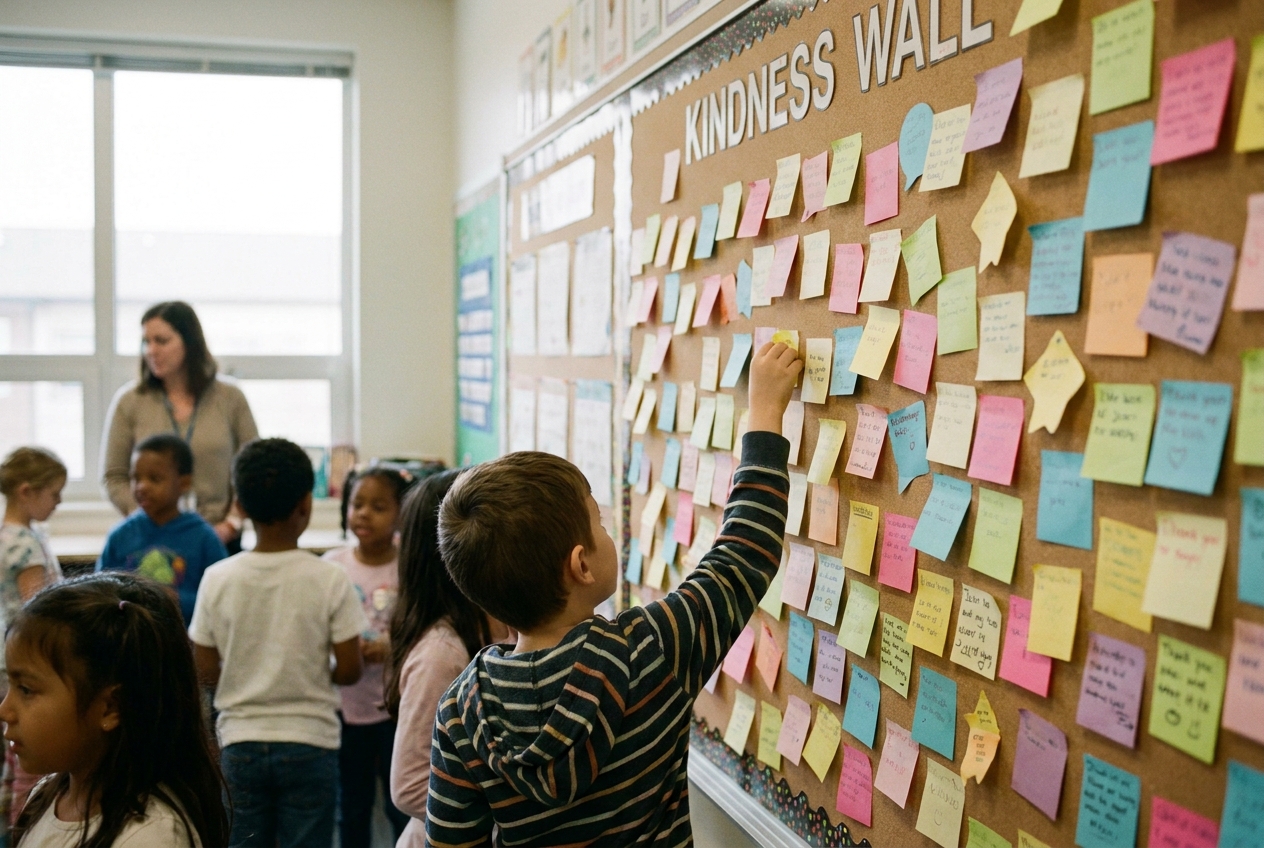 A classroom kindness wall covered in colorful handwritten sticky notes.