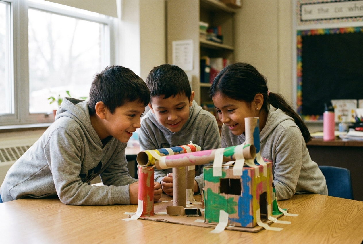 Kids building a colorful cardboard marble run on a STEAM Saturday.